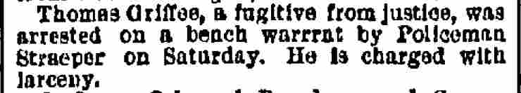 Camden Notes, Philadelphia Inquirer, February 14, 1887 — Thomas Griffee arrested by Policeman Streeper