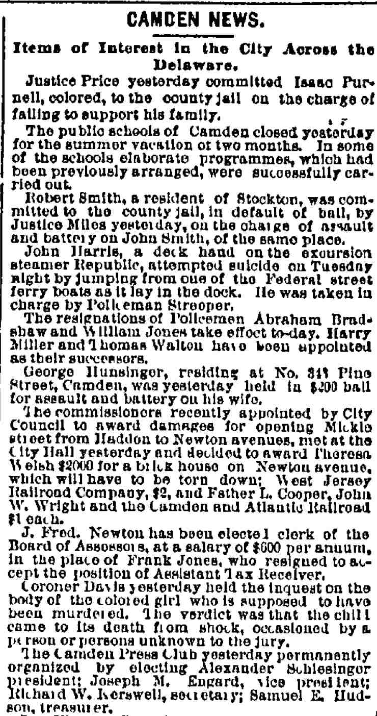 Camden News, Philadelphia Inquirer, July 1, 1886 — resignations of Policemen Bradshaw and Jones; Streeper and river patrol