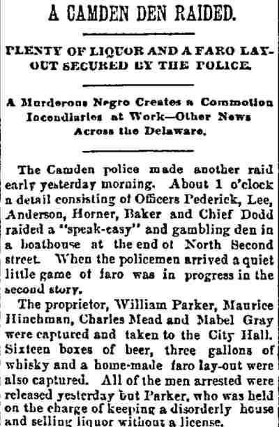 Philadelphia Inquirer, July 28, 1890 - speakeasy in a boathouse at the head of North 2nd Street