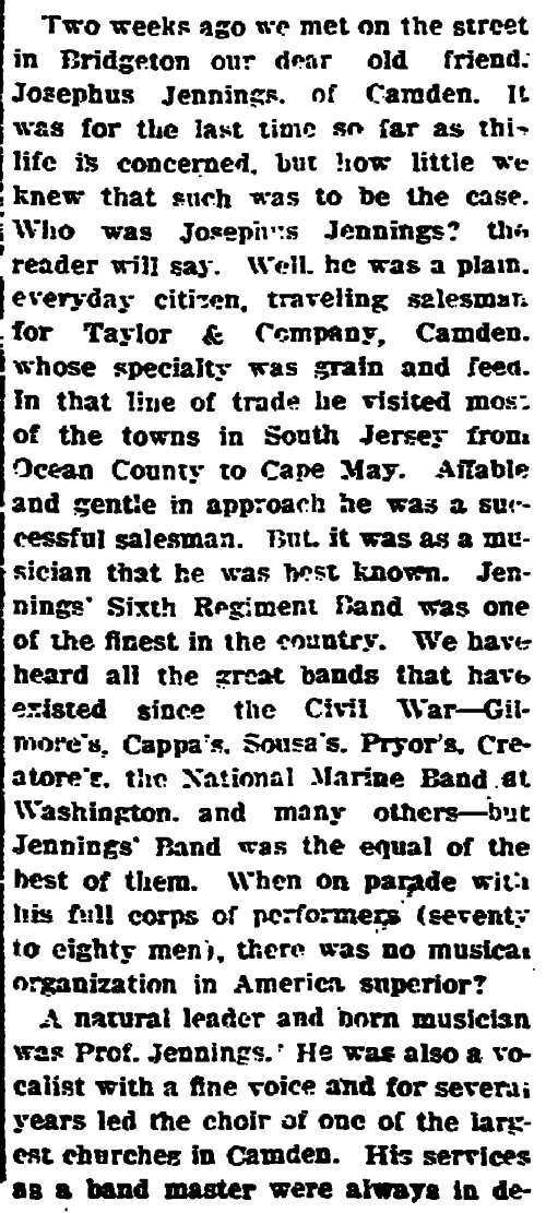 Bridgeton Evening News, April 11, 1914 - Joseph Jennings obituary, column 1 (enlarged)