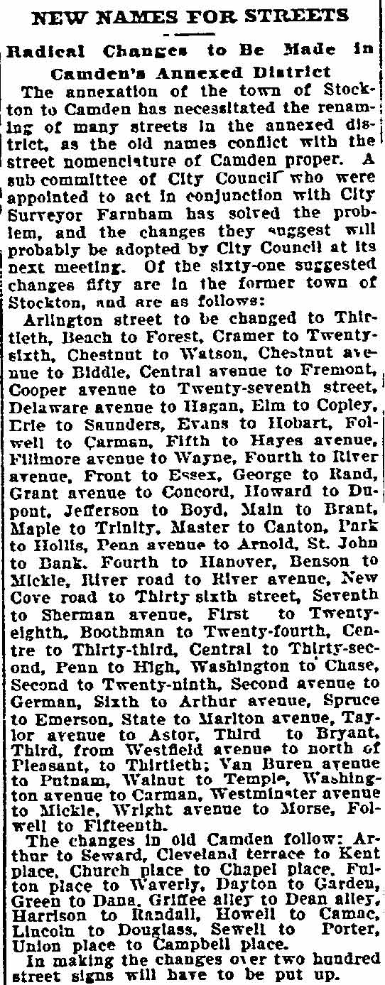 Philadelphia Inquirer, October 1, 1899 — New Names for Streets