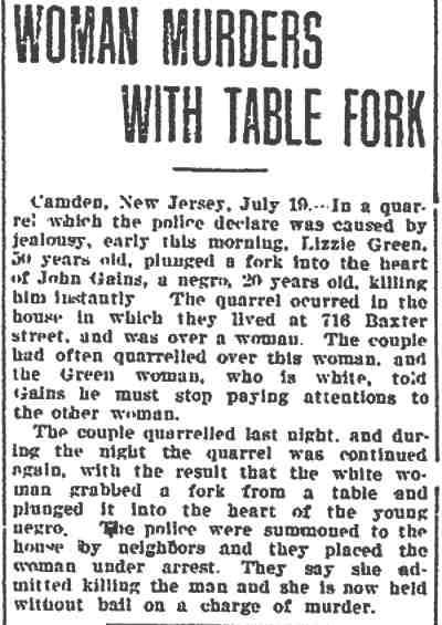 Newspaper clipping: Woman Murders With Table Fork, 1911