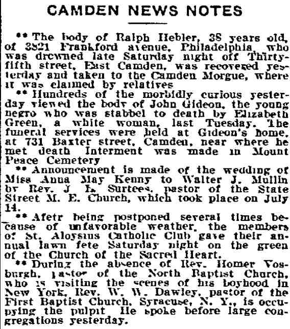 Philadelphia Inquirer July 24, 1911, Camden News Notes