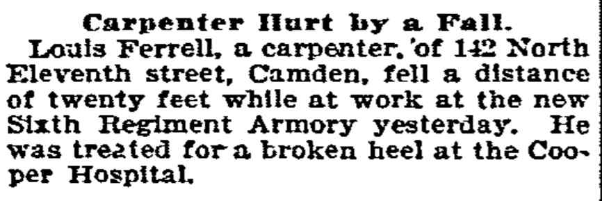 Philadelphia Inquirer February 14, 1907, Carpenter Hurt by a Fall