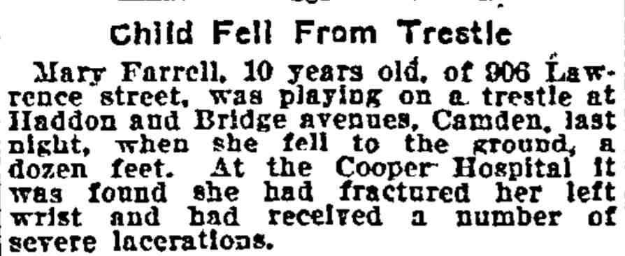 Philadelphia Inquirer June 17, 1907, Child Fell From Trestle