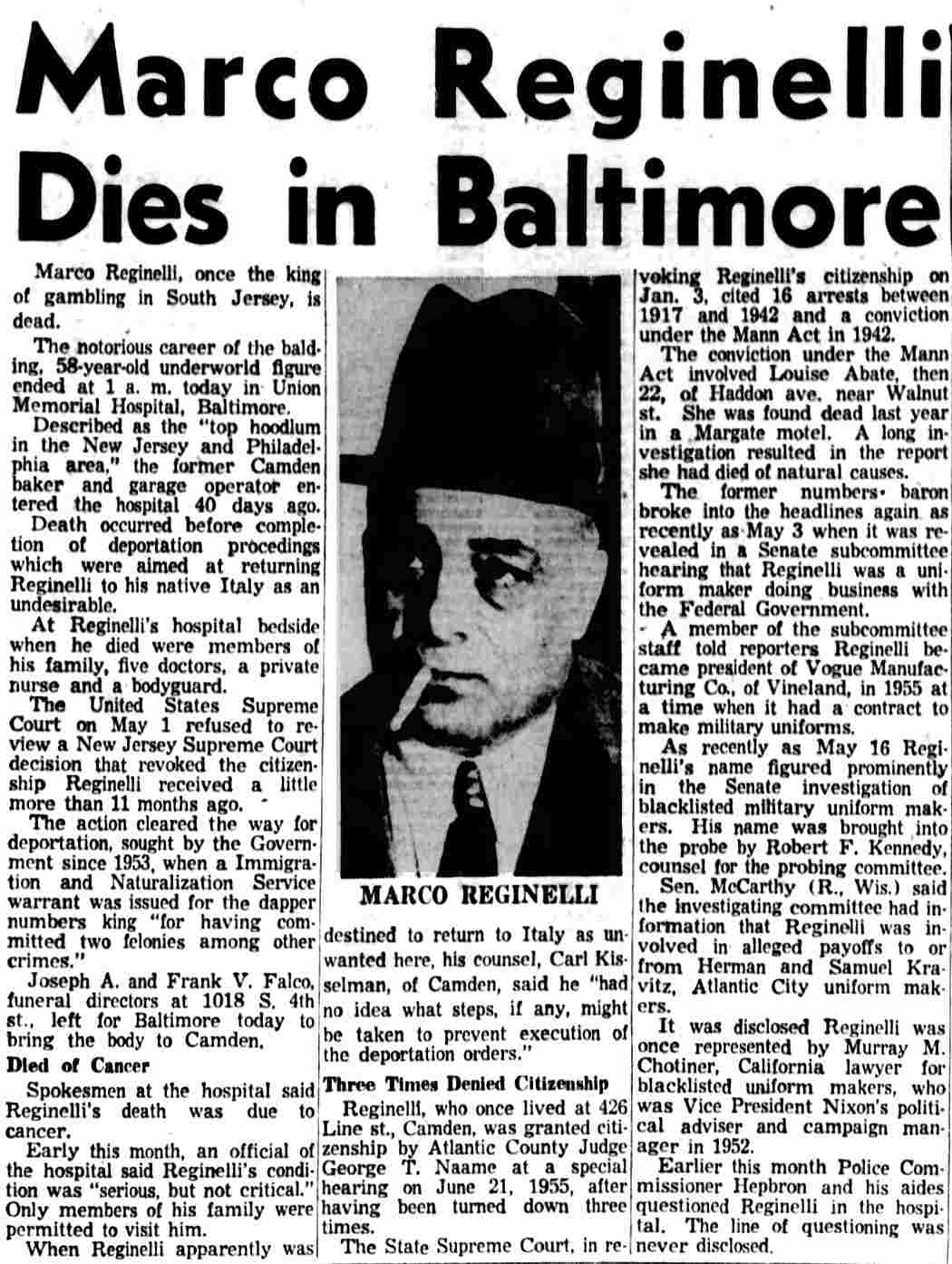 Marco Reginelli Dies in Baltimore