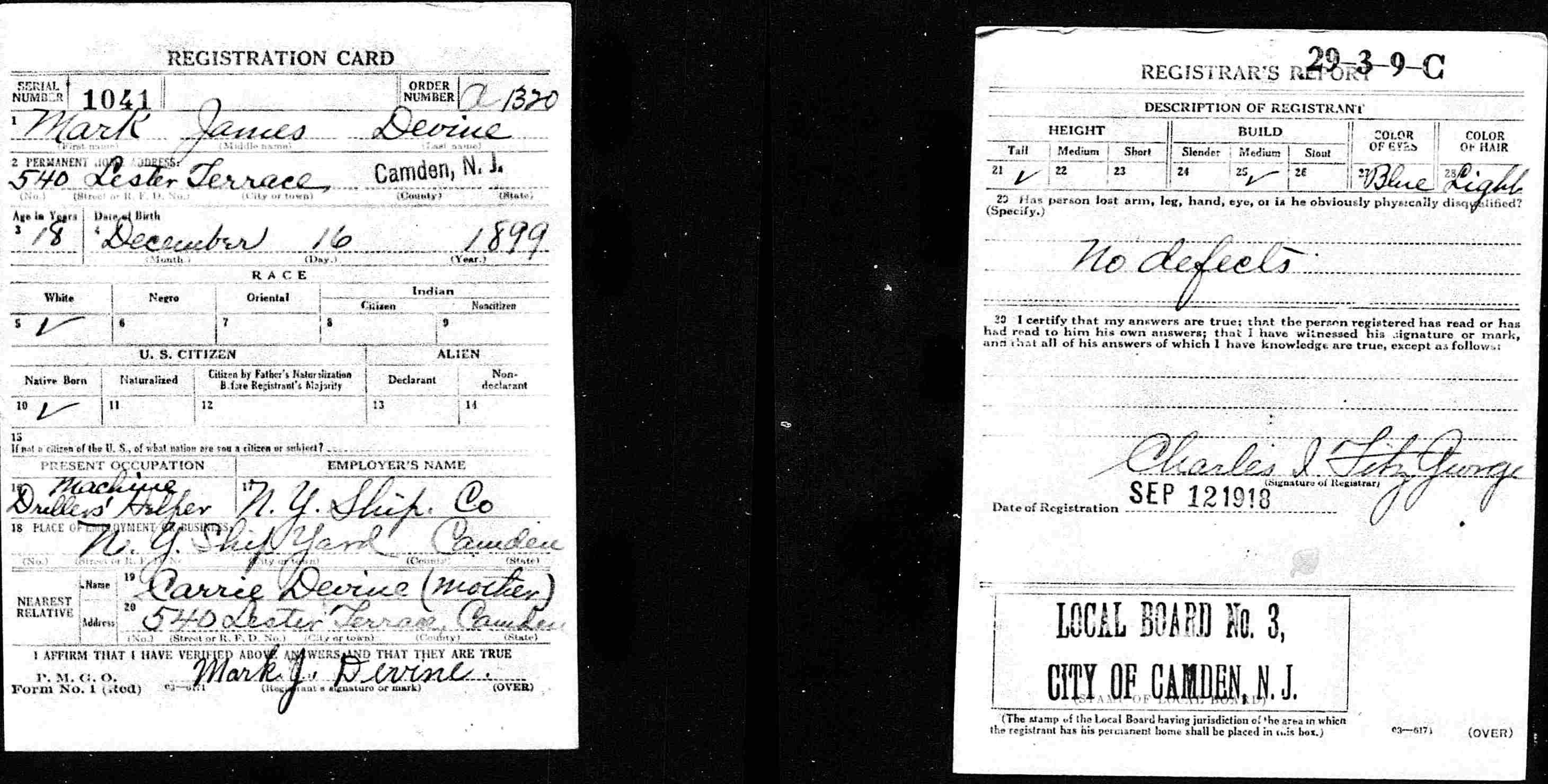 World War I Draft Registration Card — Mark James Devine, 540 Lester Terrace