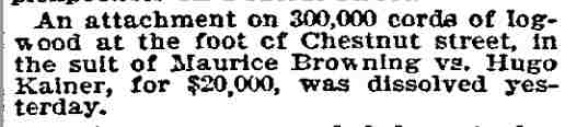 Maurice Browning vs. Hugo Kainer attachment dissolved, Philadelphia Inquirer, November 14, 1894