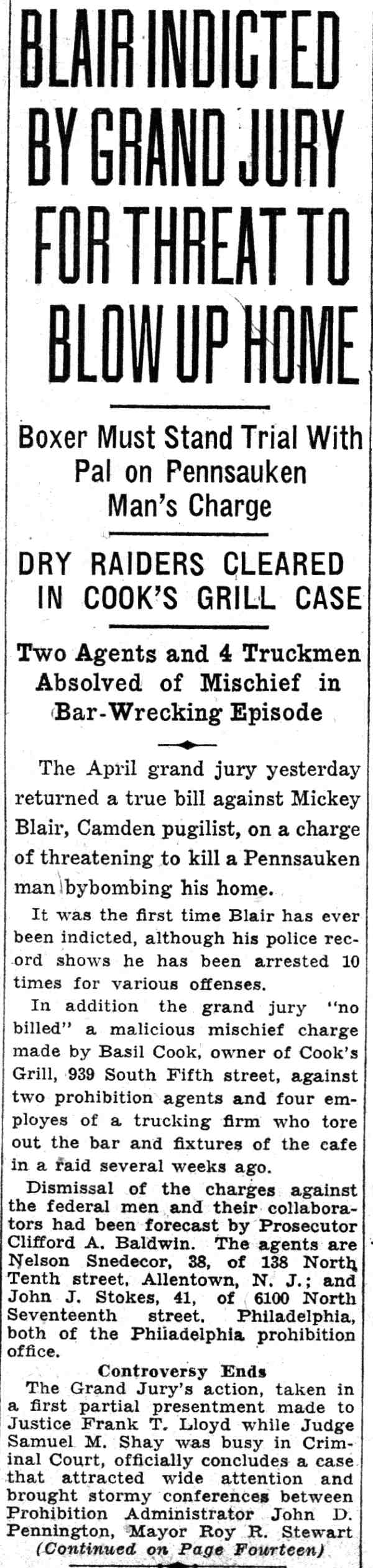 Camden Courier-Post, June 16, 1932 — Blair Indicted by Grand Jury for Threat to Blow Up Home, page 1