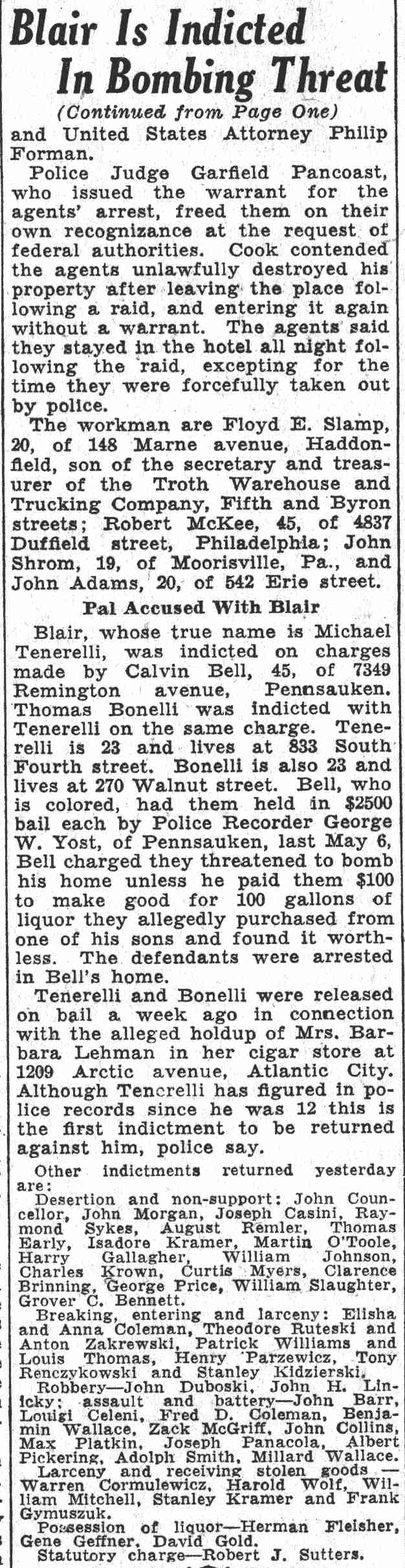 Camden Courier-Post, June 16, 1932 — Blair Indicted by Grand Jury for Threat to Blow Up Home, page 2