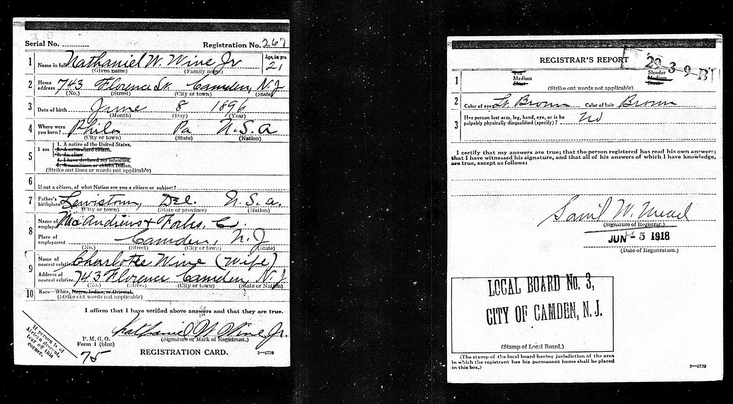Nathan Wine Jr. World War I draft card, front