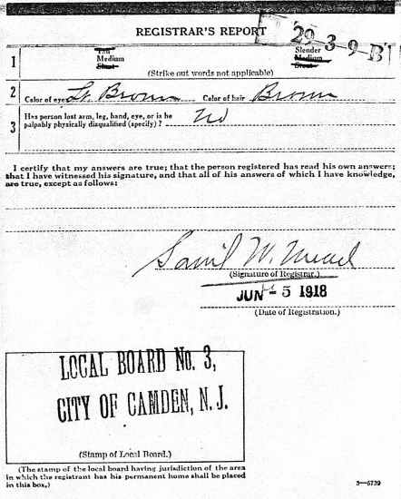 Nathan Wine Jr. World War I draft card, back