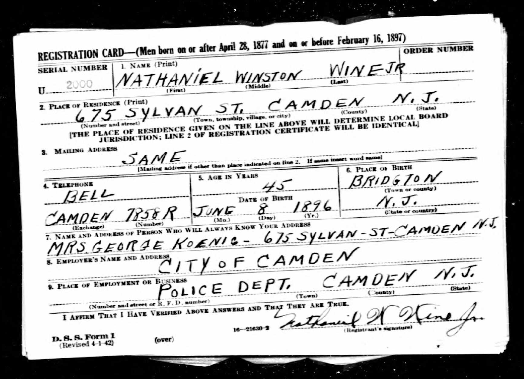 Nathan Wine Jr. World War II draft card, front