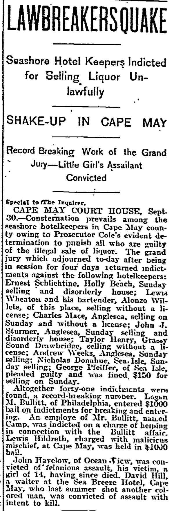 Philadelphia Inquirer, October 1, 1898 — Lawbreakers Quake