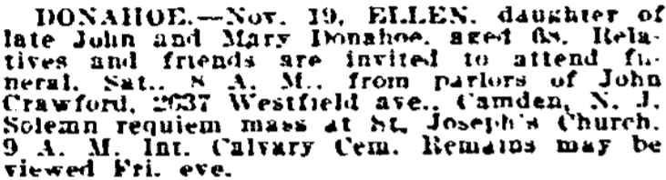 Philadelphia Inquirer, November 21, 1919 — Ellen Donahoe obituary
