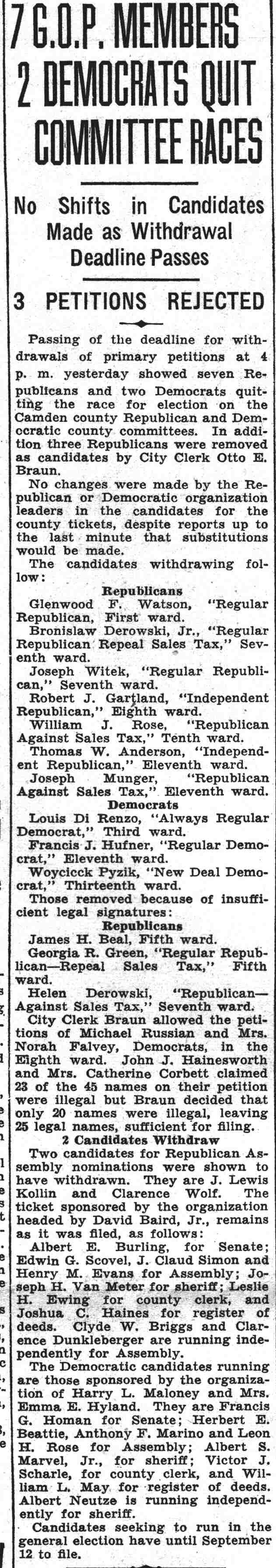 Camden Courier-Post, August 29, 1935 — 76 G.O.P. Members, 2 Democrats Quit Committee Races, with list of Camden County Democratic and Republican committee members