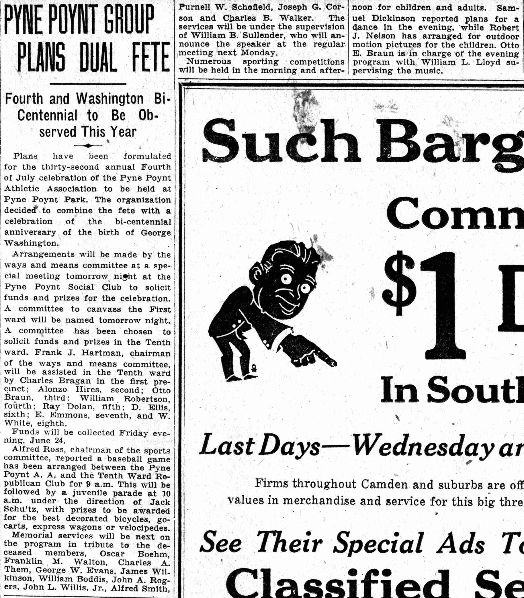 Pyne Poynt Athletic Association newspaper clipping, June 15, 1932, page 1