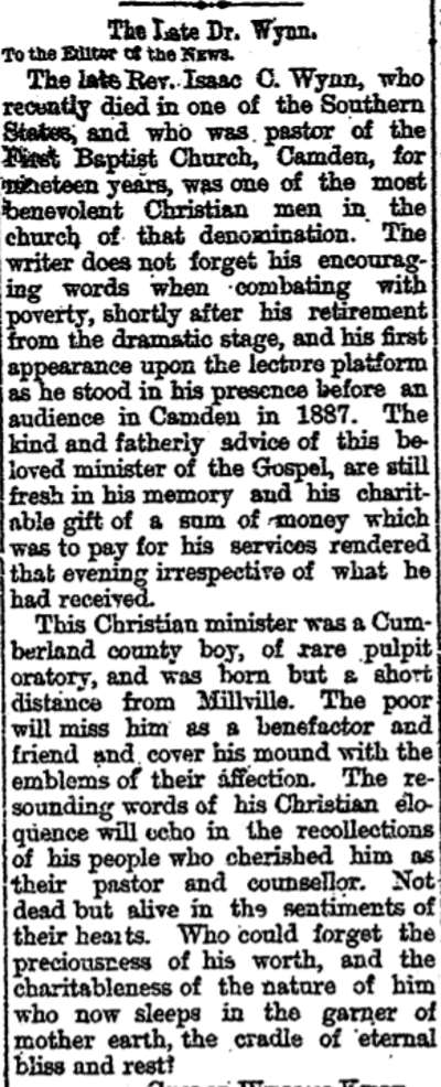 Bridgeton Evening News clipping dated April 29, 1889, a letter to the editor from George William Kirby praising the late Rev. Isaac C. Wynn as a benevolent Christian minister