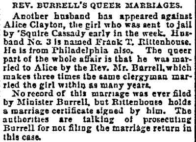 Philadelphia Inquirer, July 18, 1891 — Rev. Burrell's Queer Marriages