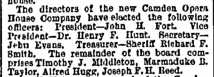 Philadelphia Inquirer, February 14, 1887 — Camden Opera House Company officers