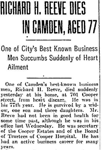 Philadelphia Inquirer obituary, February 11, 1917 — Richard H. Reeve Dies in Camden, Aged 77, part 1