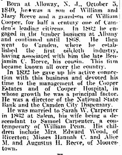 Philadelphia Inquirer obituary, February 11, 1917 — Richard H. Reeve Dies in Camden, Aged 77, part 2