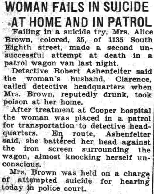 Camden Courier-Post article: Woman Fails in Suicide at Home and in Patrol, August 29, 1935