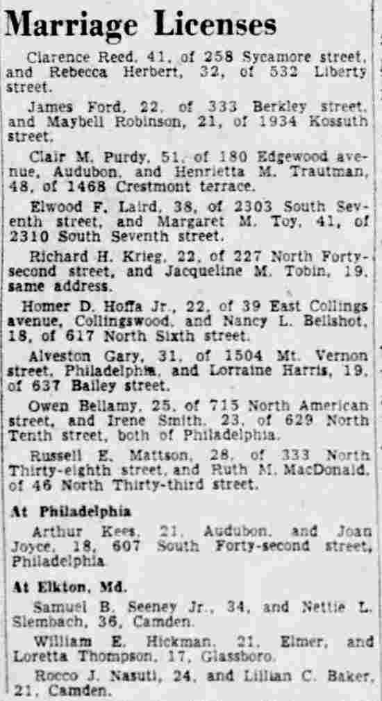 Camden Courier-Post, November 17, 1949 — Marriage Licenses listing Rocco J. Nasuti and Lillian C. Baker