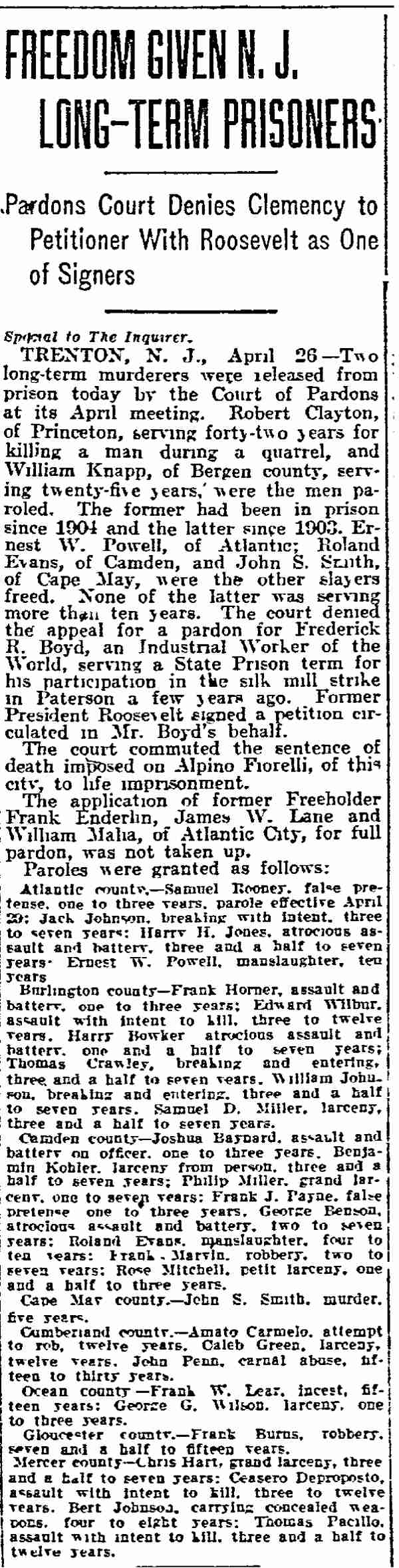 Philadelphia Inquirer, April 27, 1915: Freedom Given N.J. Long-Term Prisoners — Roland Evans among those pardoned