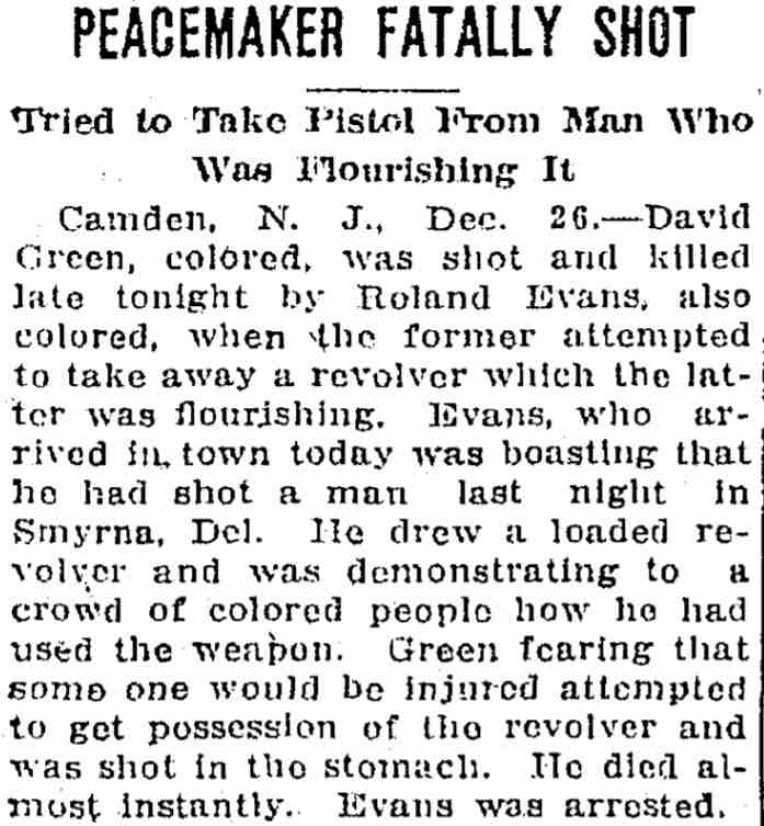 Harrisburg Patriot, December 27, 1911: Peacemaker Fatally Shot
