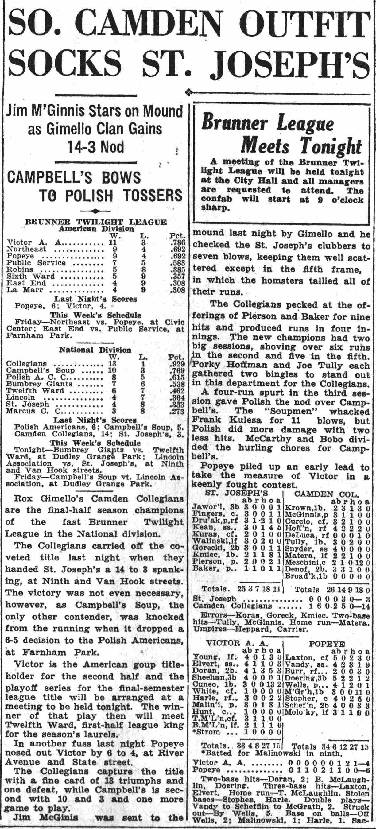 Camden Courier-Post August 29, 1935 — So. Camden Outfit Socks St. Joseph's