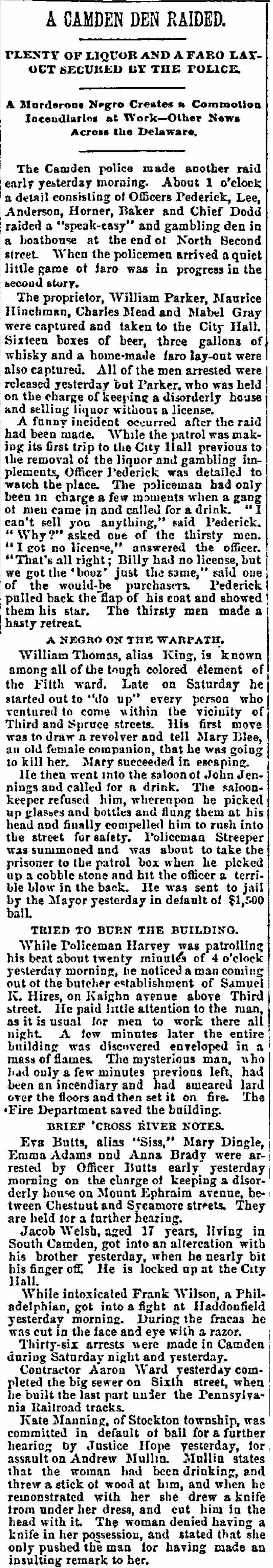 Philadelphia Inquirer July 28, 1890 — A Camden Den Raided