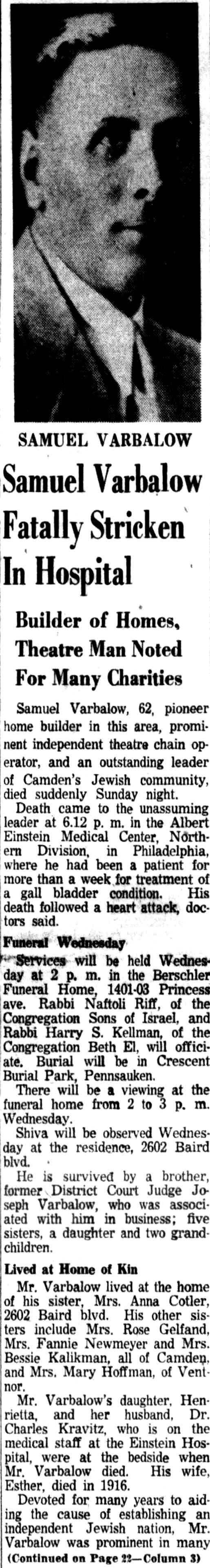 Camden Courier-Post, February 1, 1954 — Samuel Varbalow obituary clipping