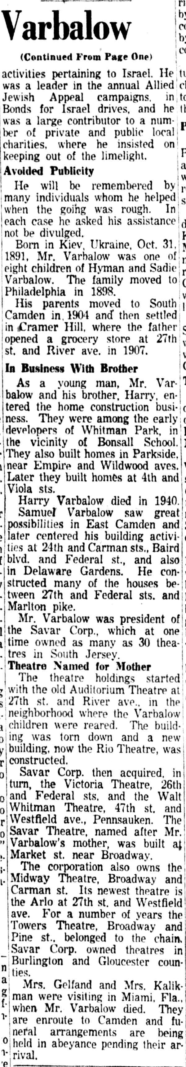 Camden Courier-Post, February 1, 1954 — Samuel Varbalow obituary clipping, continued