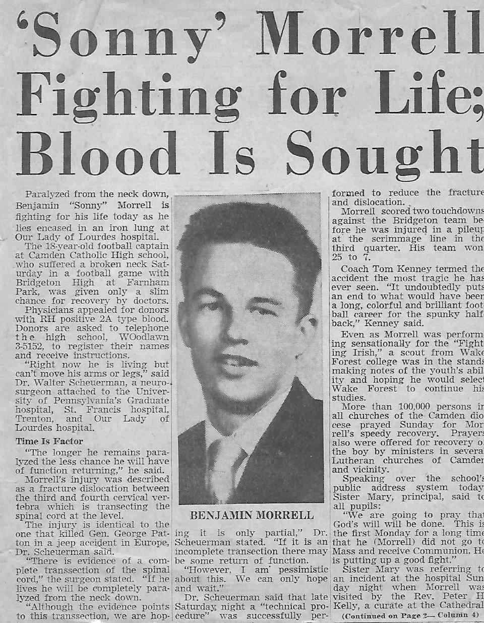 Sonny Morrell Fighting for Life; Blood is Sought