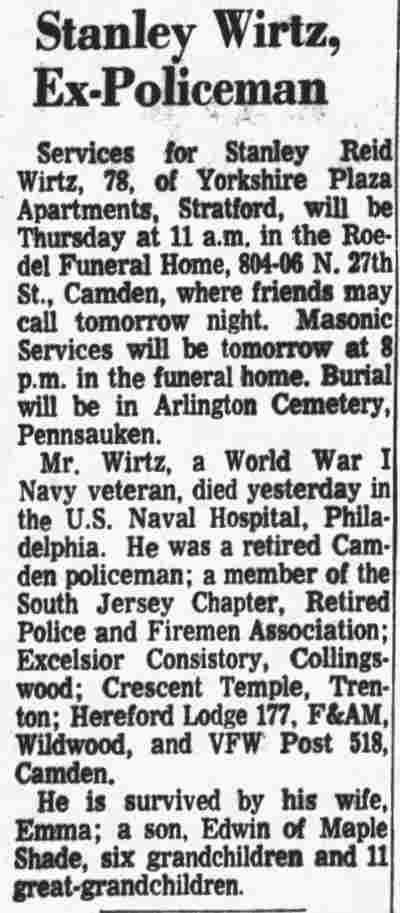 Stanley Wirtz, Ex-Policeman — obituary notice, April 6, 1971