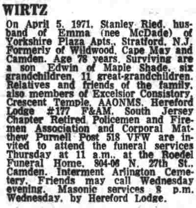 Wirtz death notice, April 1971