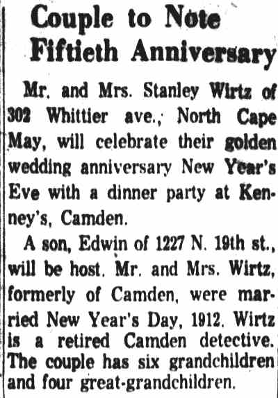 Camden Courier-Post December 28, 1962, Stanley and Emma Wirtz golden anniversary article