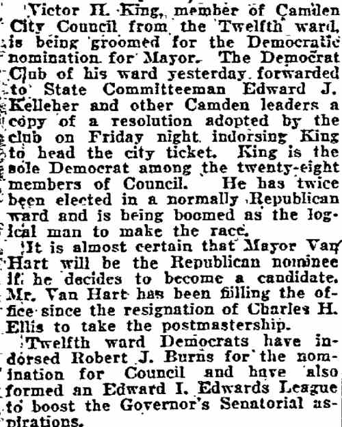Philadelphia Inquirer, June 25, 1922 — King endorsed for mayor nomination
