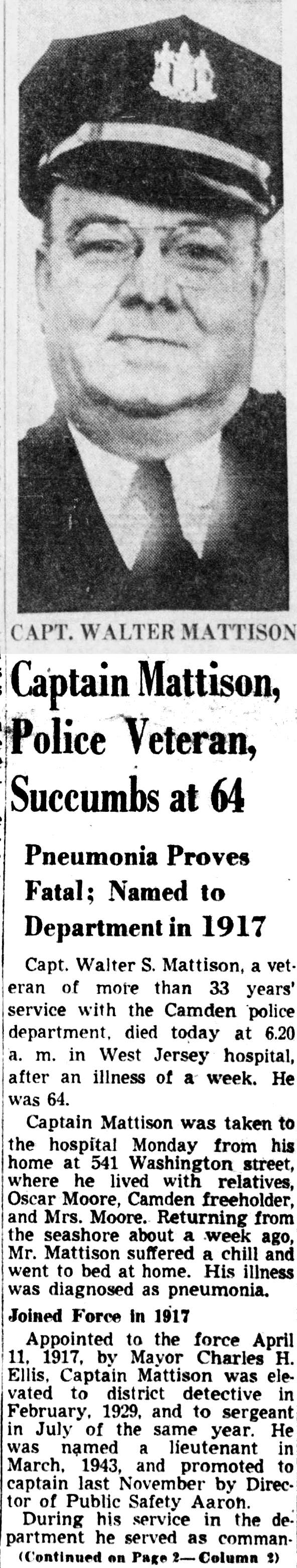 Captain Mattison obituary article, part 1