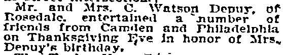 Philadelphia Inquirer, December 1, 1908 — Mr. and Mrs. Watson Depuy Entertain