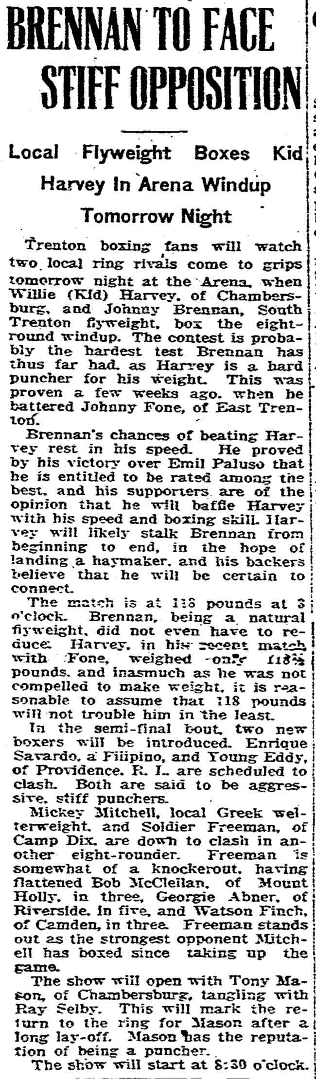 Brennan to Face Stiff Opposition, Trenton Sunday Times Advertiser, October 25, 1925