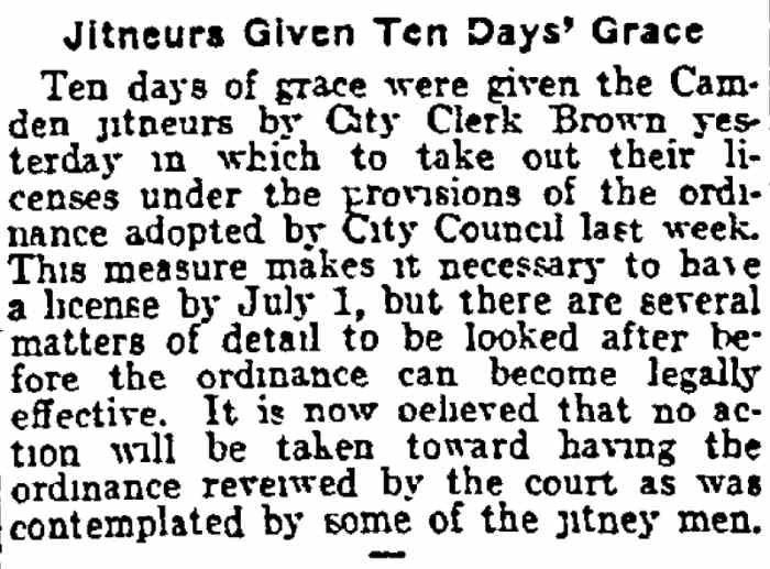Philadelphia Inquirer, July 1, 1915 — Jitneurs Given Ten Days' Grace