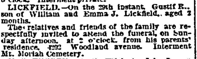 Philadelphia Inquirer death notice for Gustif R. Lickfield, January 30, 1892