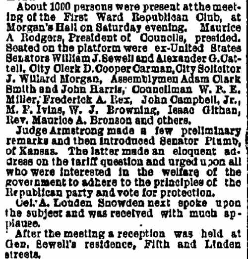 Philadelphia Inquirer January 16 1888 — First Ward Republican Club meeting