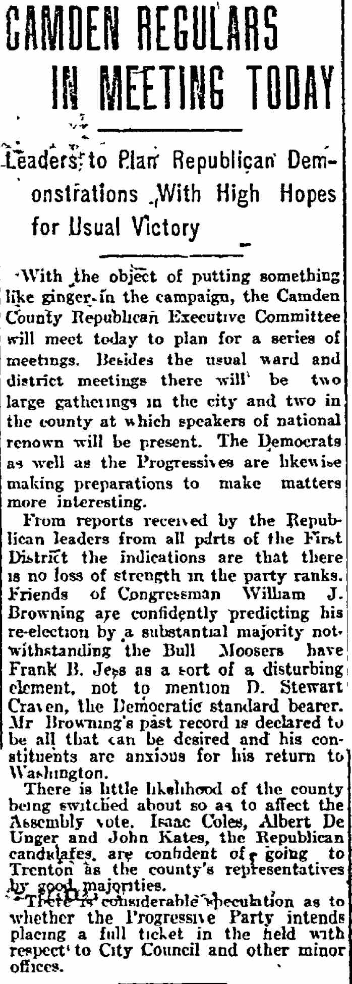 Philadelphia Inquirer October 17 1912 — Camden Regulars in Meeting Today