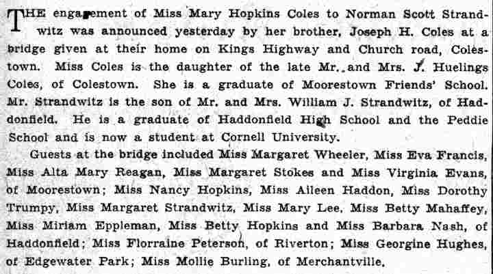 Engagement announcement of Miss Mary Hopkins Coles to Norman Scott Strandwitz, son of William J. Strandwitz, June 15, 1932