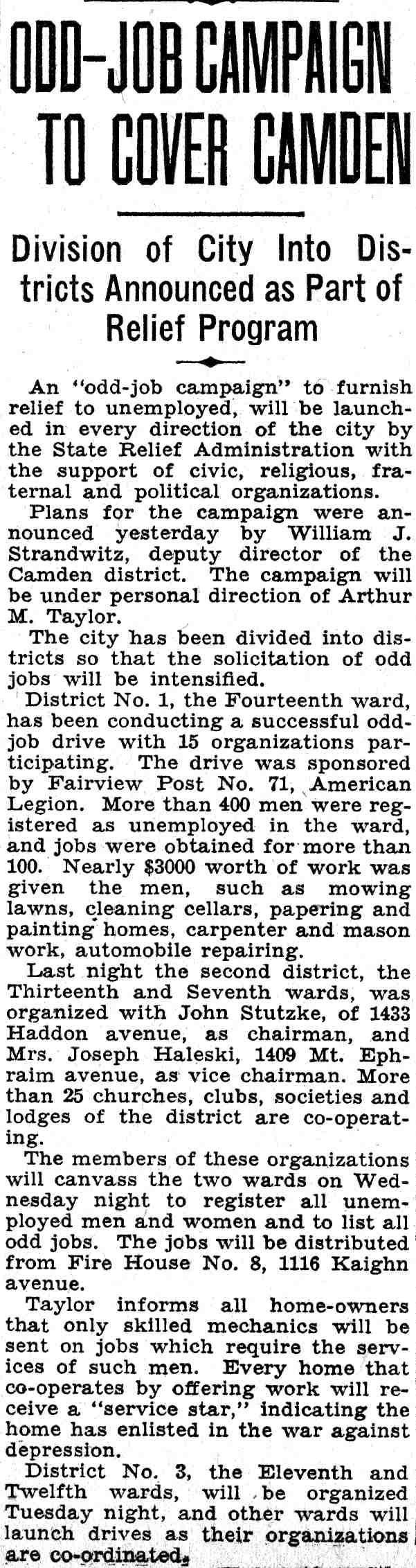 Odd-Job Campaign to Cover Camden — Camden Courier-Post, June 19, 1932