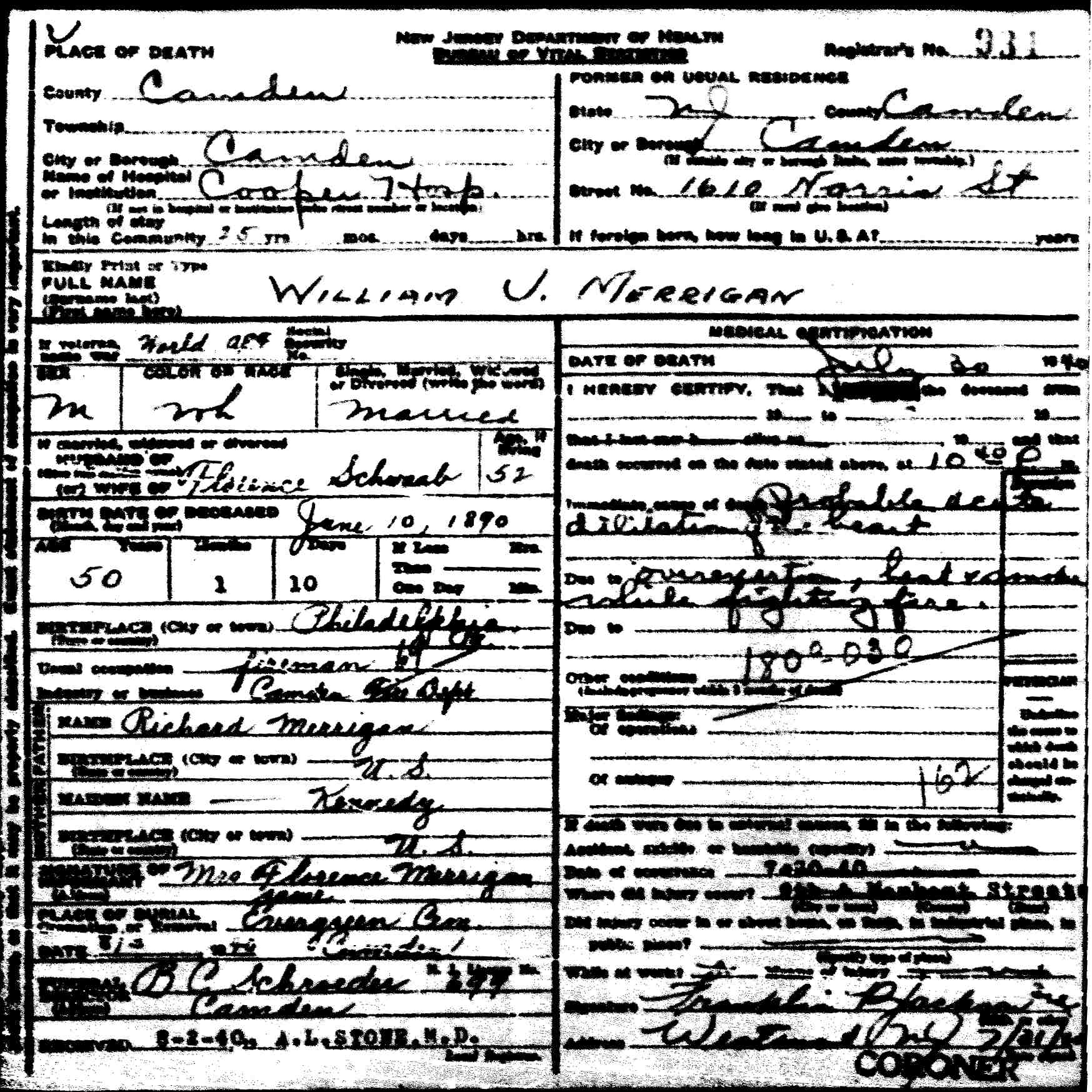 Death certificate for William J. Merrigan, died July 30, 1940