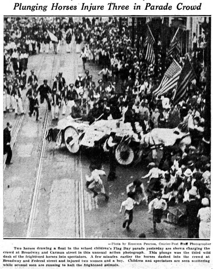 Plunging Horses Injure Three in Parade Crowd — Flag Day 1932, Broadway and Carman Street